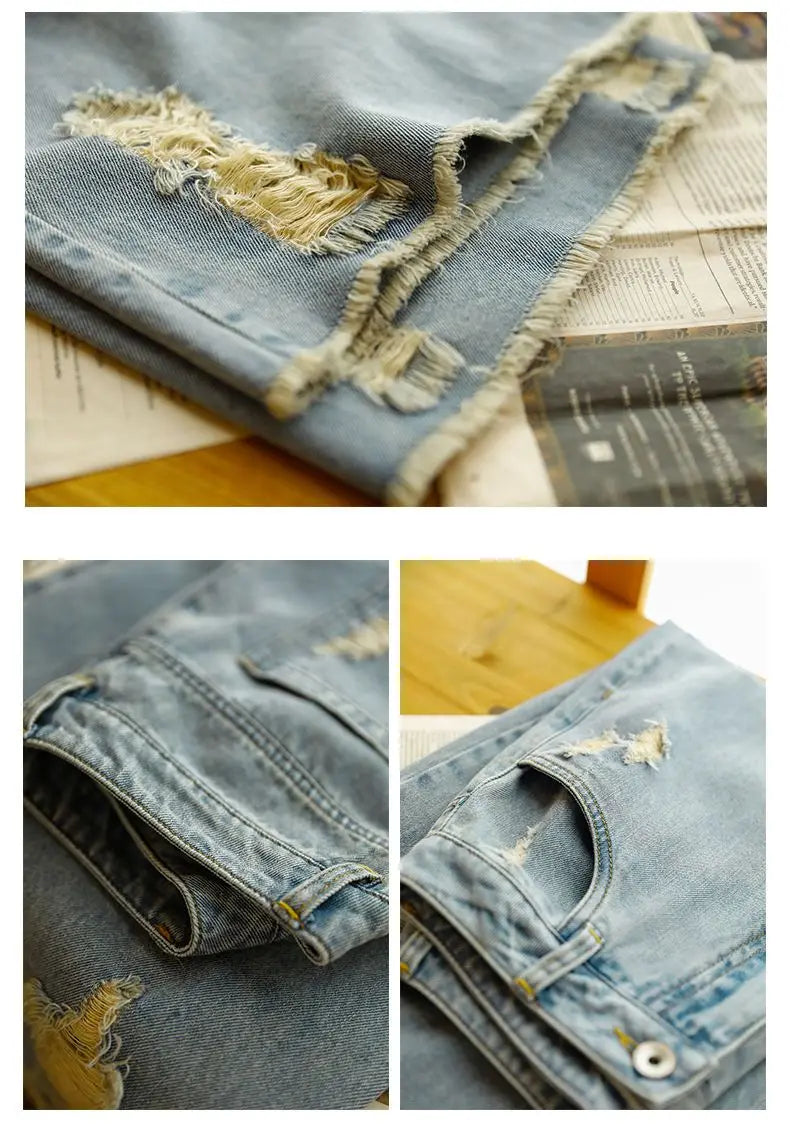 Capri Ripped Jeans for Women – High-Waist, Baggy, Wide-Leg Denim, Summer Streetwear.