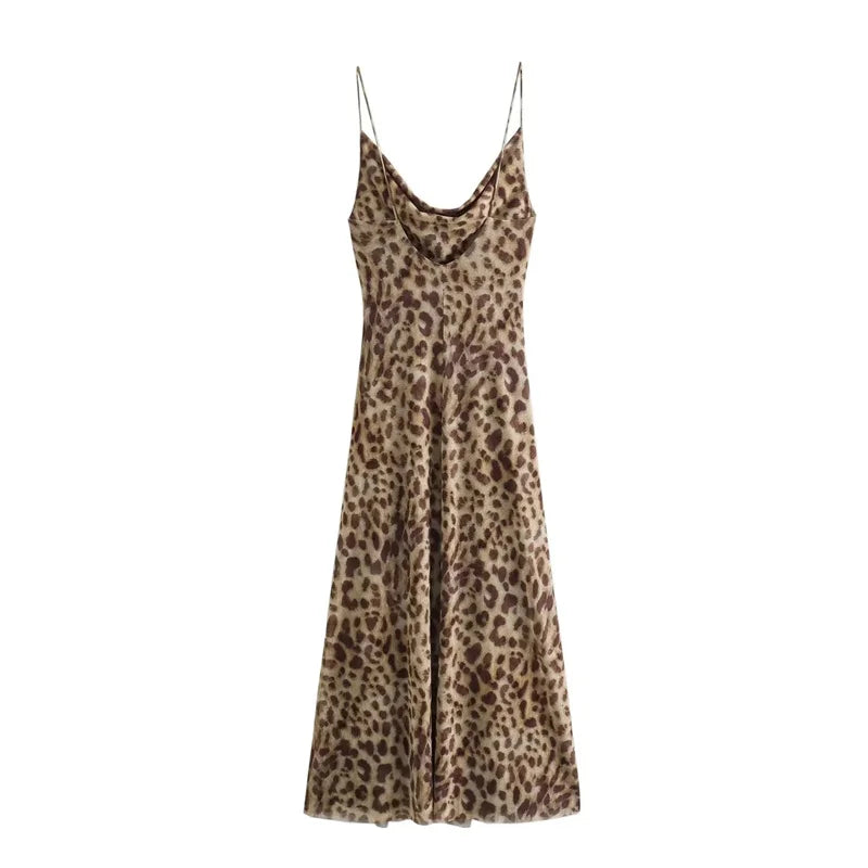 Women's Leopard Print Slip Midi Dress – Backless Tulle Holiday Party Dress