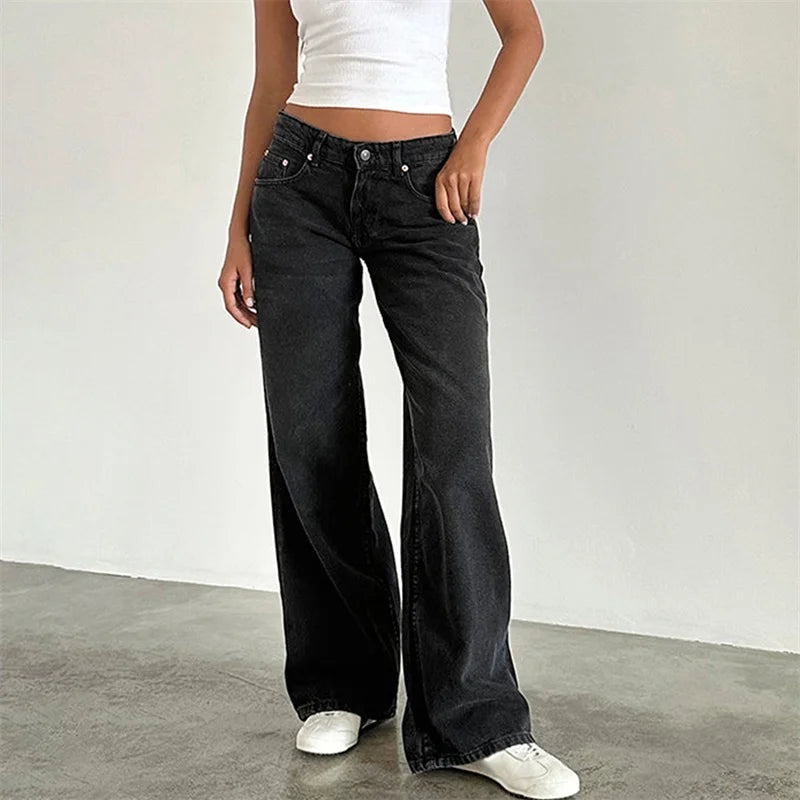 Lamuusaa Y2K Jeans for Women – Low-Waist, Wide-Leg Denim with Multi Pockets.