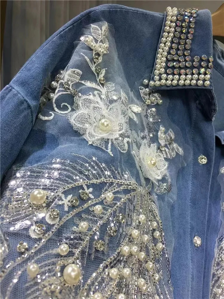 Luxury Beaded Denim Blouse, Women's Long Sleeve, Casual Top.