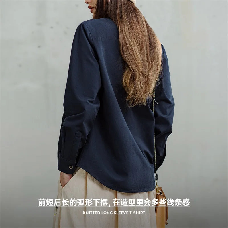 Maden Denim Patchwork Shirt, Women's Long Sleeve Casual Jacket, Navy Blue.