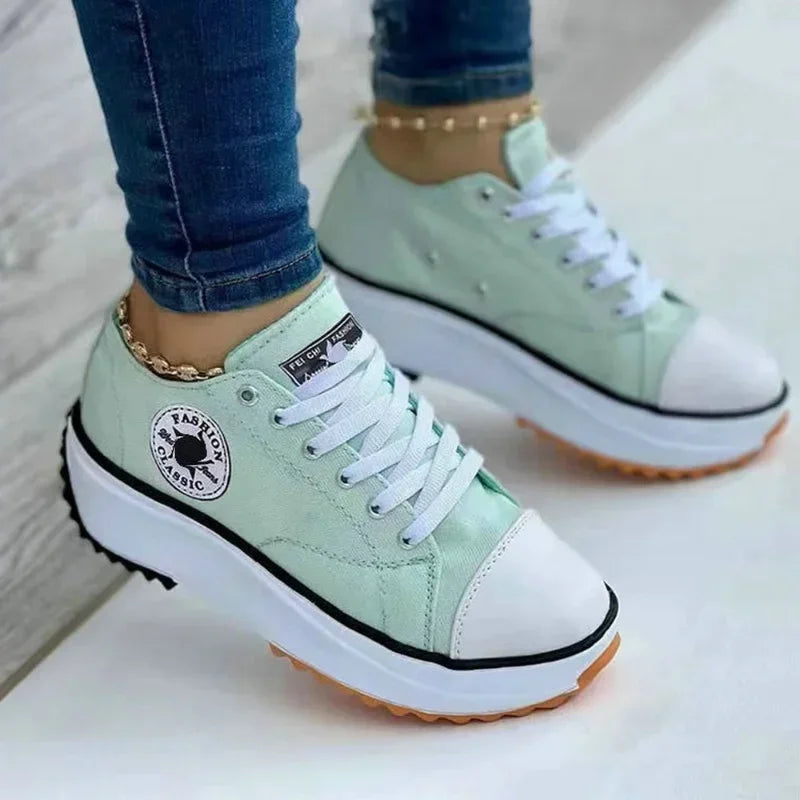 Women’s Pattern Canvas Sneakers – Casual Lace-Up Flat Shoes