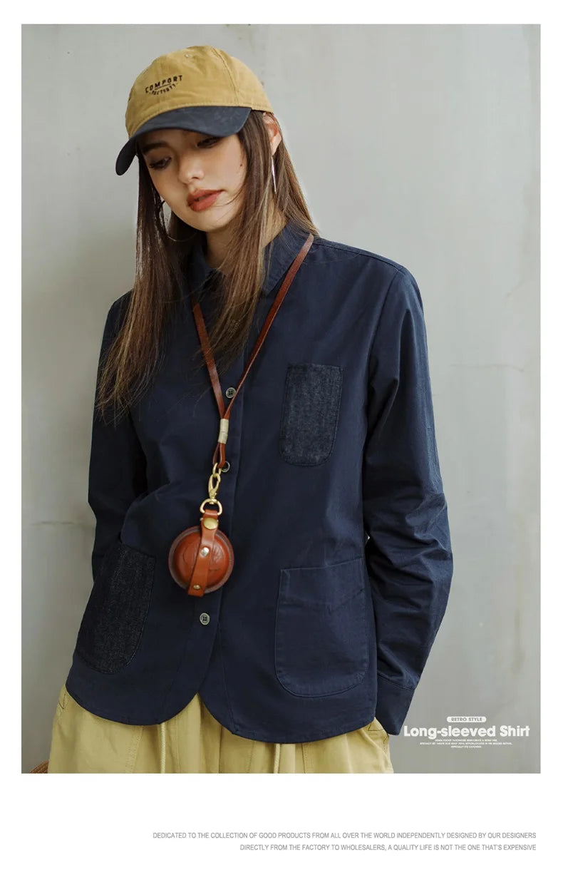 Maden Denim Patchwork Shirt, Women's Long Sleeve Casual Jacket, Navy Blue.