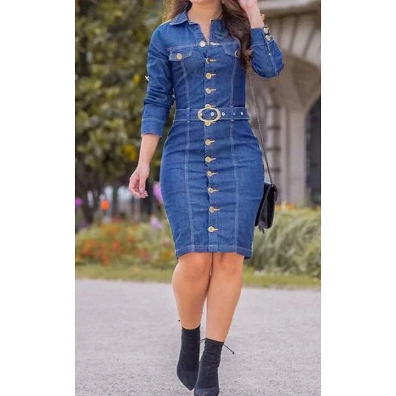 Denim Dress, Women's Lapel Slim Fit, High Waist, Long Sleeve, Single-Breasted.