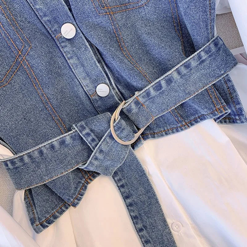 Women’s Denim Shirt, Long Sleeve, Splicing Fake Two-Piece Loose Blouse.