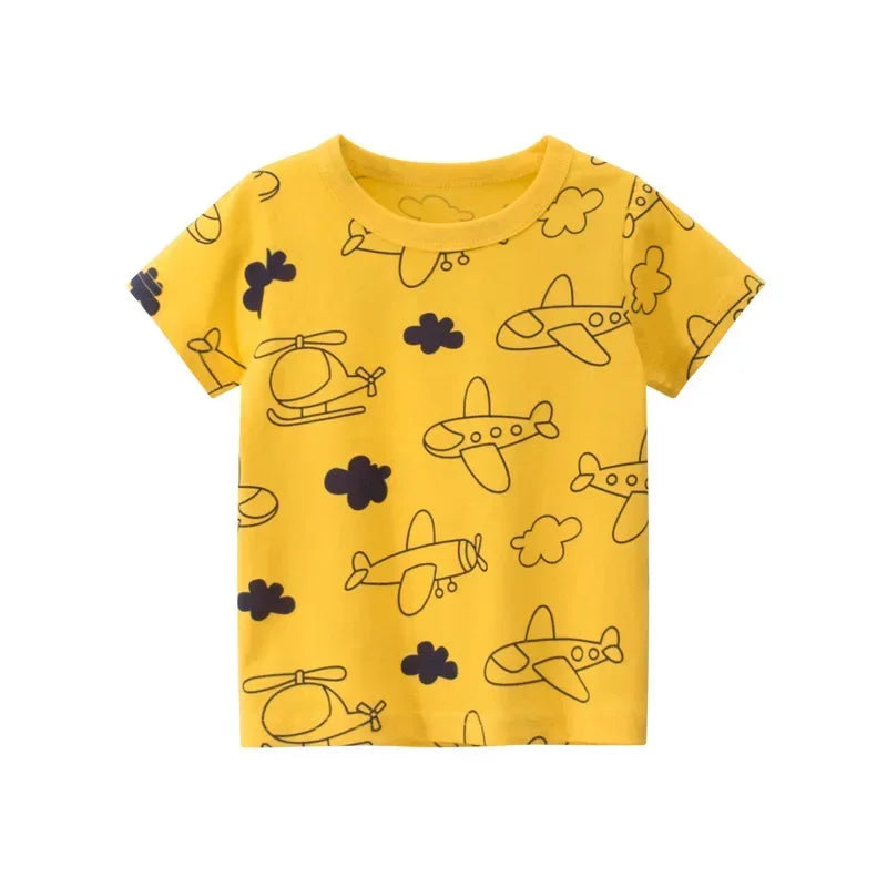 Kids’ T-Shirt – Cartoon Car Print, Short Sleeve, Cotton Tee for Boys & Girls