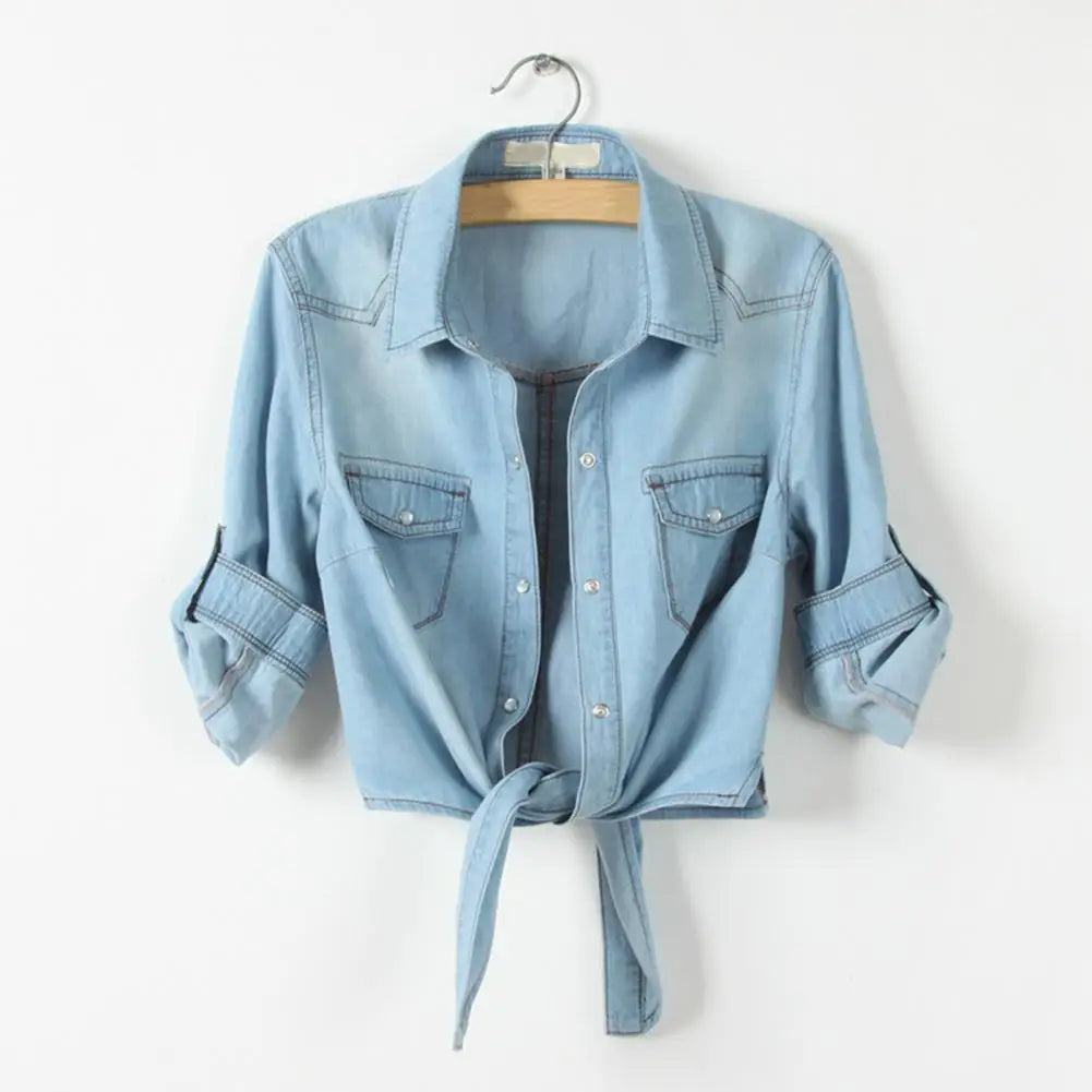 Tie Knot Denim Jacket, Cropped Length, Single-Breasted, Lace-Up Blue Jeans Cardigan.