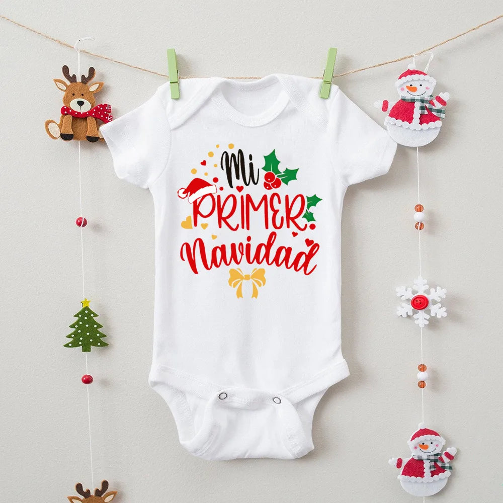 My First Christmas" Spanish Bodysuit: Newborn Short Sleeve Romper for Xmas Party