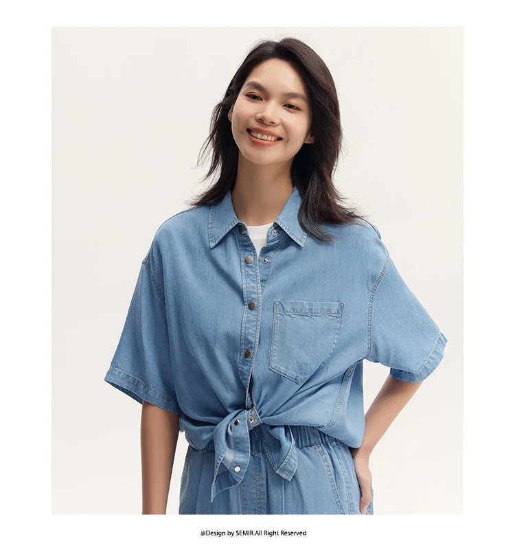 SemirSummer Denim Shirt, Women's Loose-Fit, Short-Sleeved.