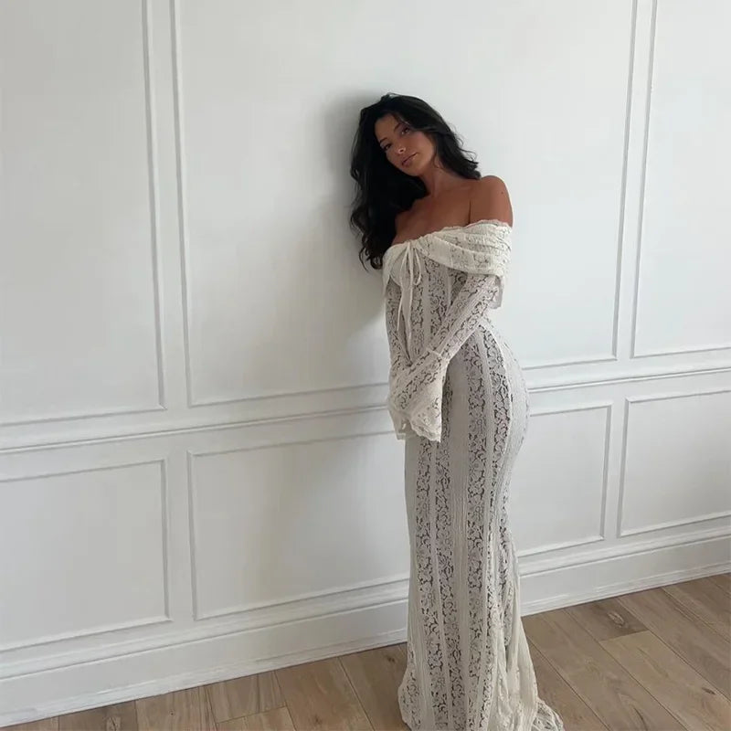 Sexy Hollow-Out Slash Neck Lace Dress – Flared Sleeves, Slim Fit Evening Party Dress