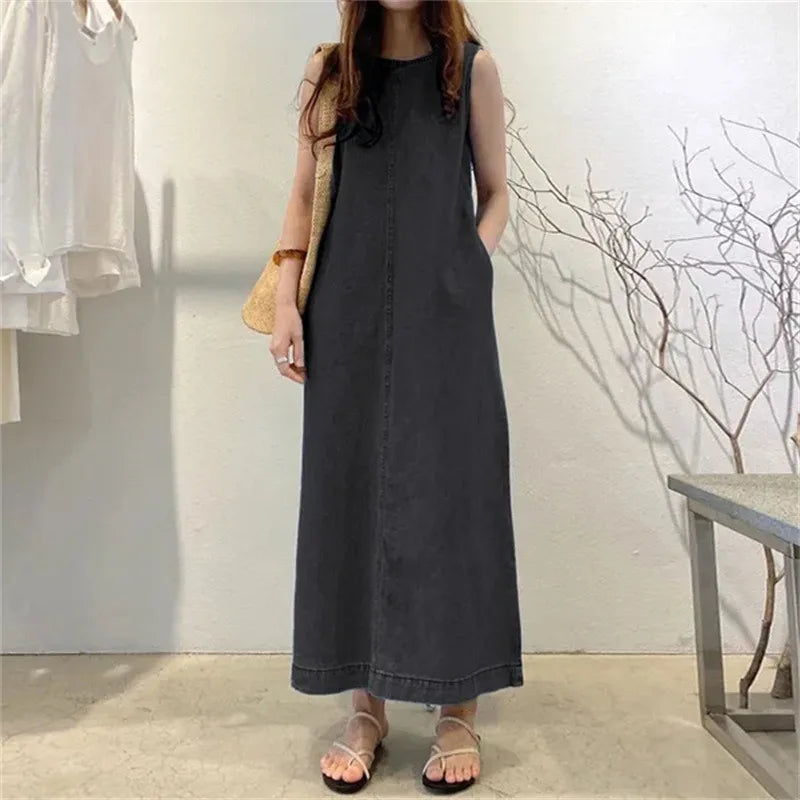 Women’s Sleeveless Denim Long Dress – Round Neck, Pocketed, Loose Fit