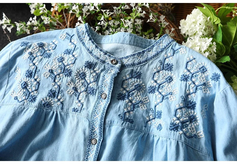 Summer Elegant Ethnic Embroidery Denim Blouse, Long Sleeve, Y2K Vintage Top.