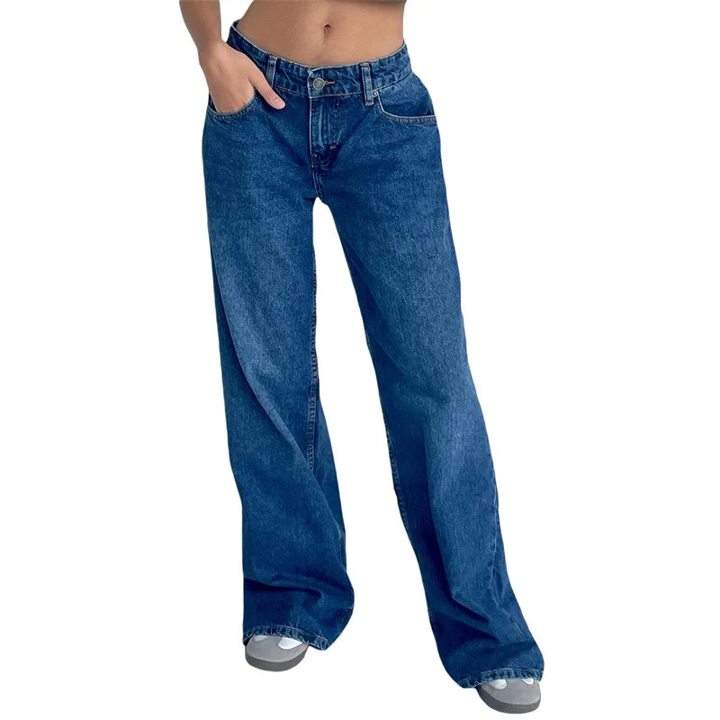 Lamuusaa Y2K Jeans for Women – Low-Waist, Wide-Leg Denim with Multi Pockets.