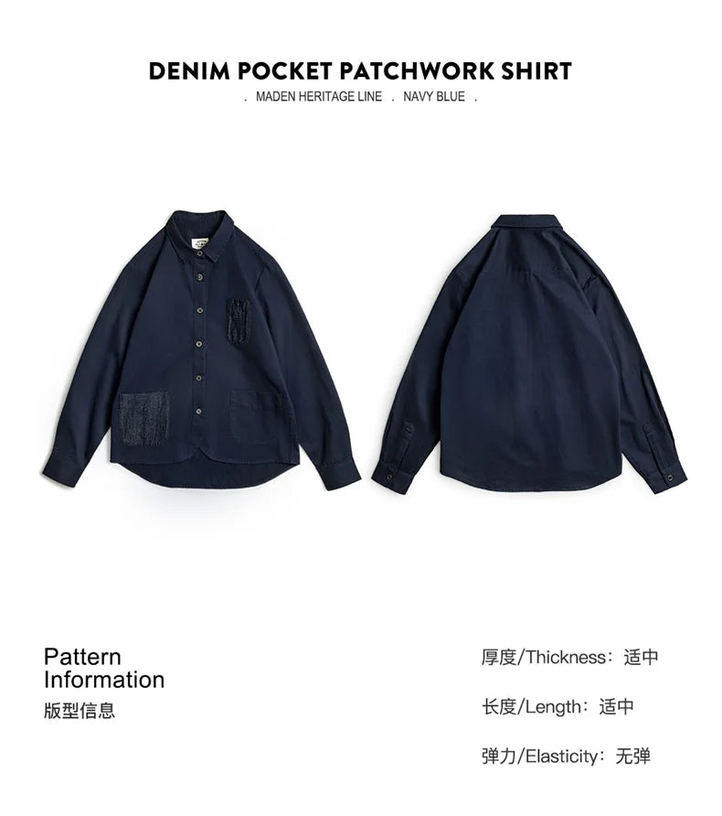 Maden Denim Patchwork Shirt, Women's Long Sleeve Casual Jacket, Navy Blue.