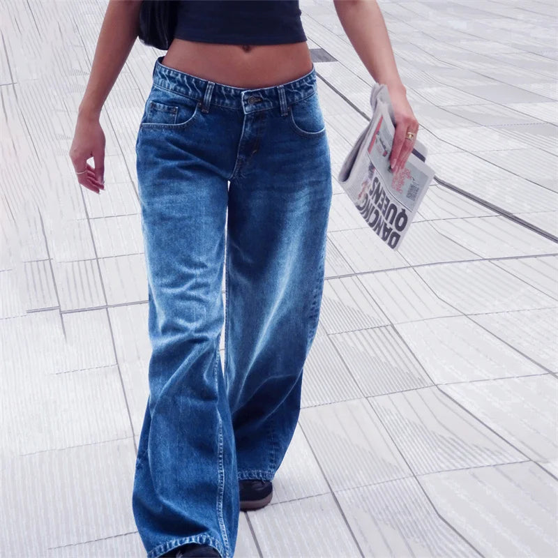 Lamuusaa Y2K Jeans for Women – Low-Waist, Wide-Leg Denim with Multi Pockets.