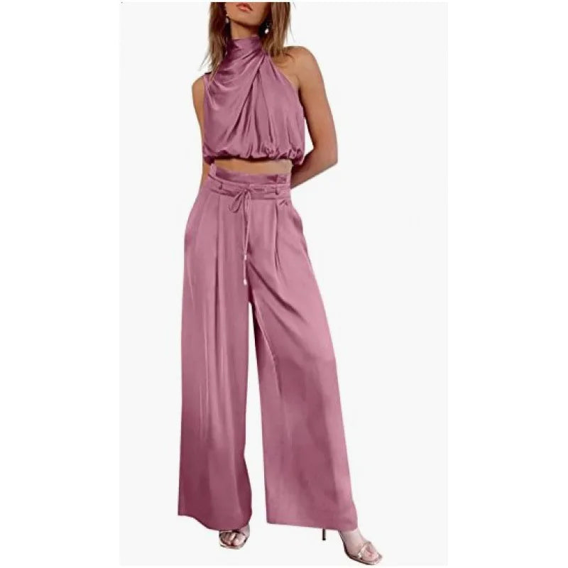 Women's 2-Piece Silk Set – Sleeveless Top & Wide Leg Pants, Summer