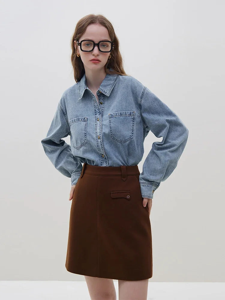 FSLE Deep Blue Denim Shirt, Women's Long Sleeve, Retro Casual Top.
