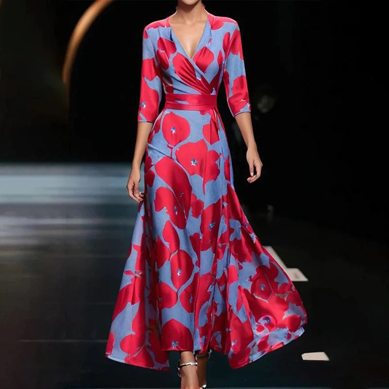 Elegant V-Neck A-Line Dress – 3/4 Sleeve, Floral Print Party Dress