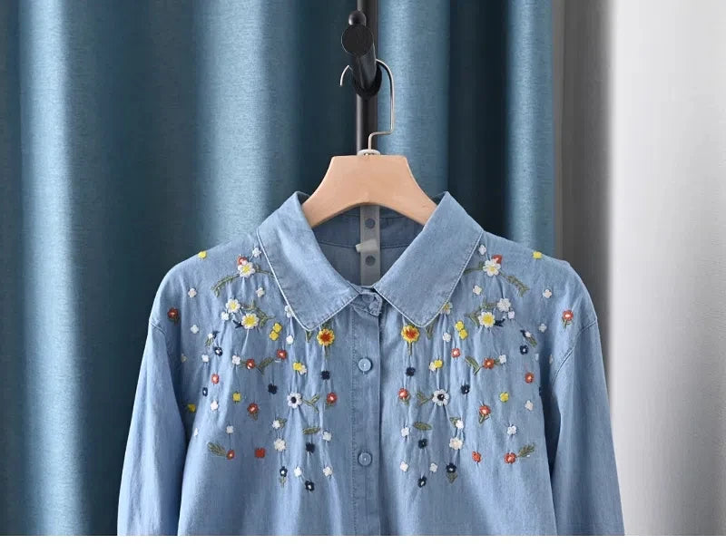 Harajuku Y2K Denim Shirt, Women's Spring Top, Floral Embroidery, Long Sleeve.