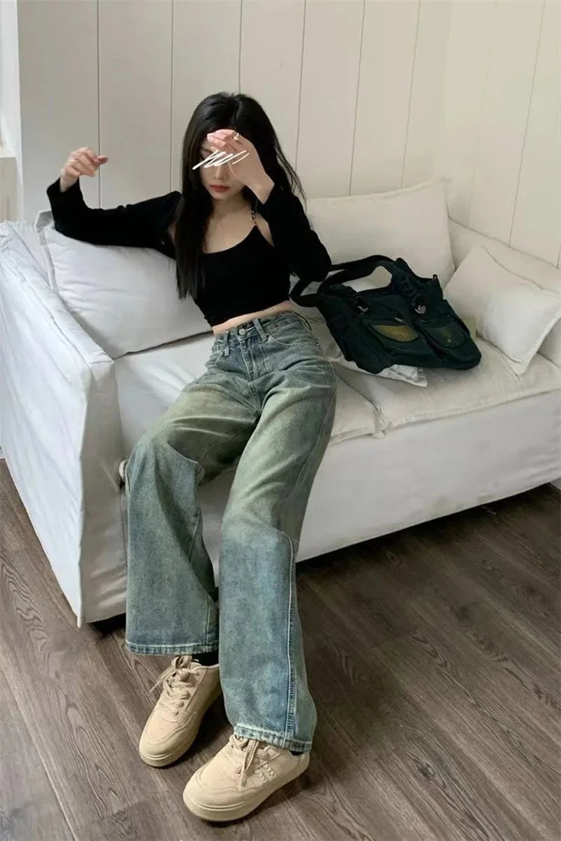 Y2K Baggy Wide-Leg Jeans for Women – High-Waist, Vintage 90s Streetwear Denim.