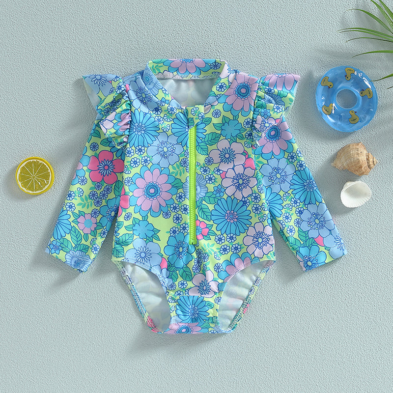 Infant Girls Rash Guard Swimsuit: Floral Print Zipper Romper for Sun Protection