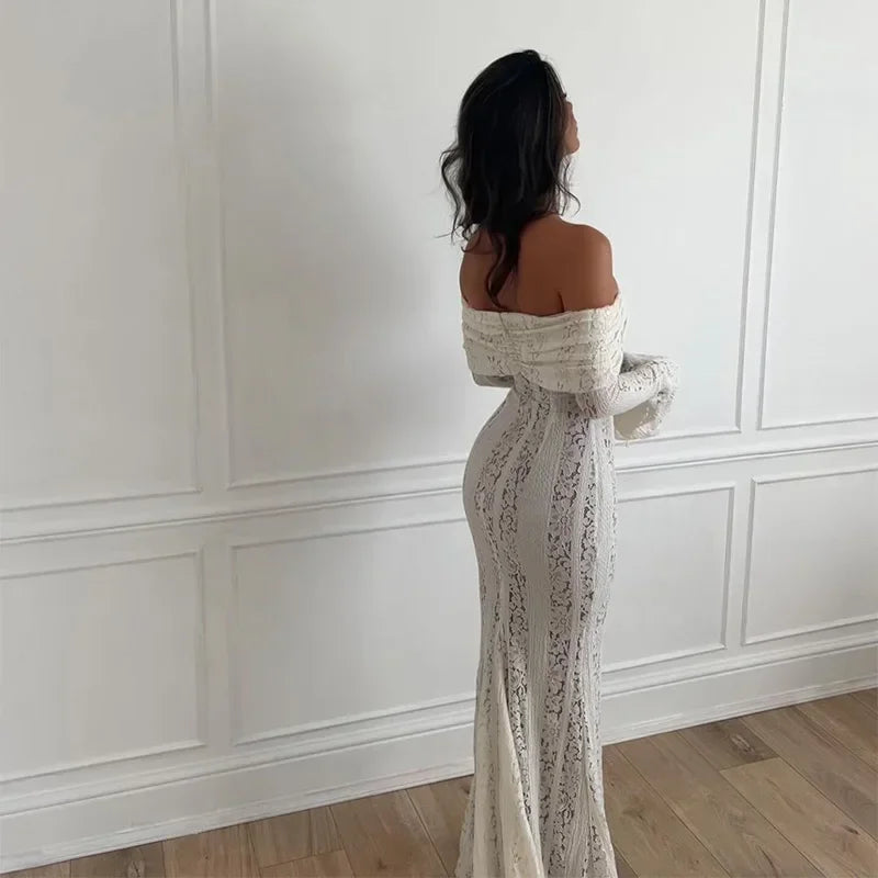 Sexy Hollow-Out Slash Neck Lace Dress – Flared Sleeves, Slim Fit Evening Party Dress