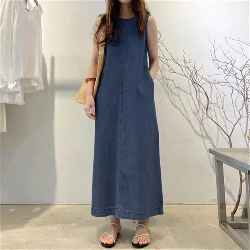 Women’s Sleeveless Denim Long Dress – Round Neck, Pocketed, Loose Fit