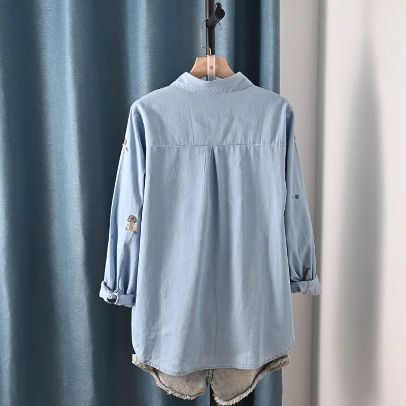 Harajuku Y2K Denim Shirt, Women's Spring Top, Floral Embroidery, Long Sleeve.