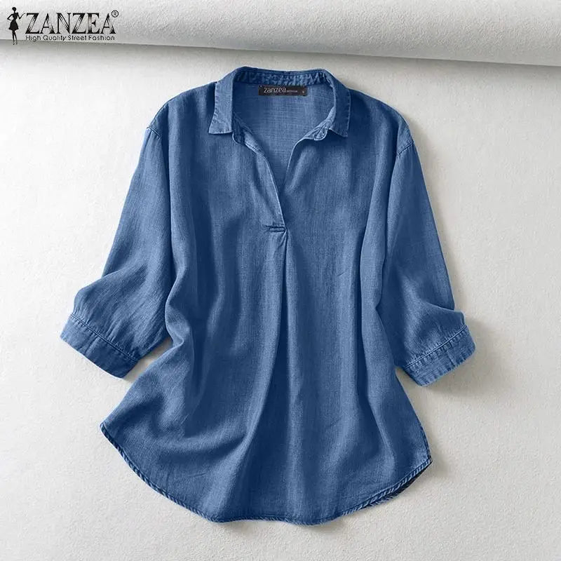 ZANZEA Women's Denim Blouse – Casual 3/4 Sleeve Tunic for Work