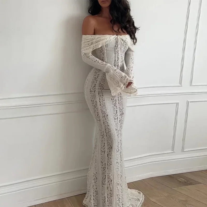 Sexy Hollow-Out Slash Neck Lace Dress – Flared Sleeves, Slim Fit Evening Party Dress