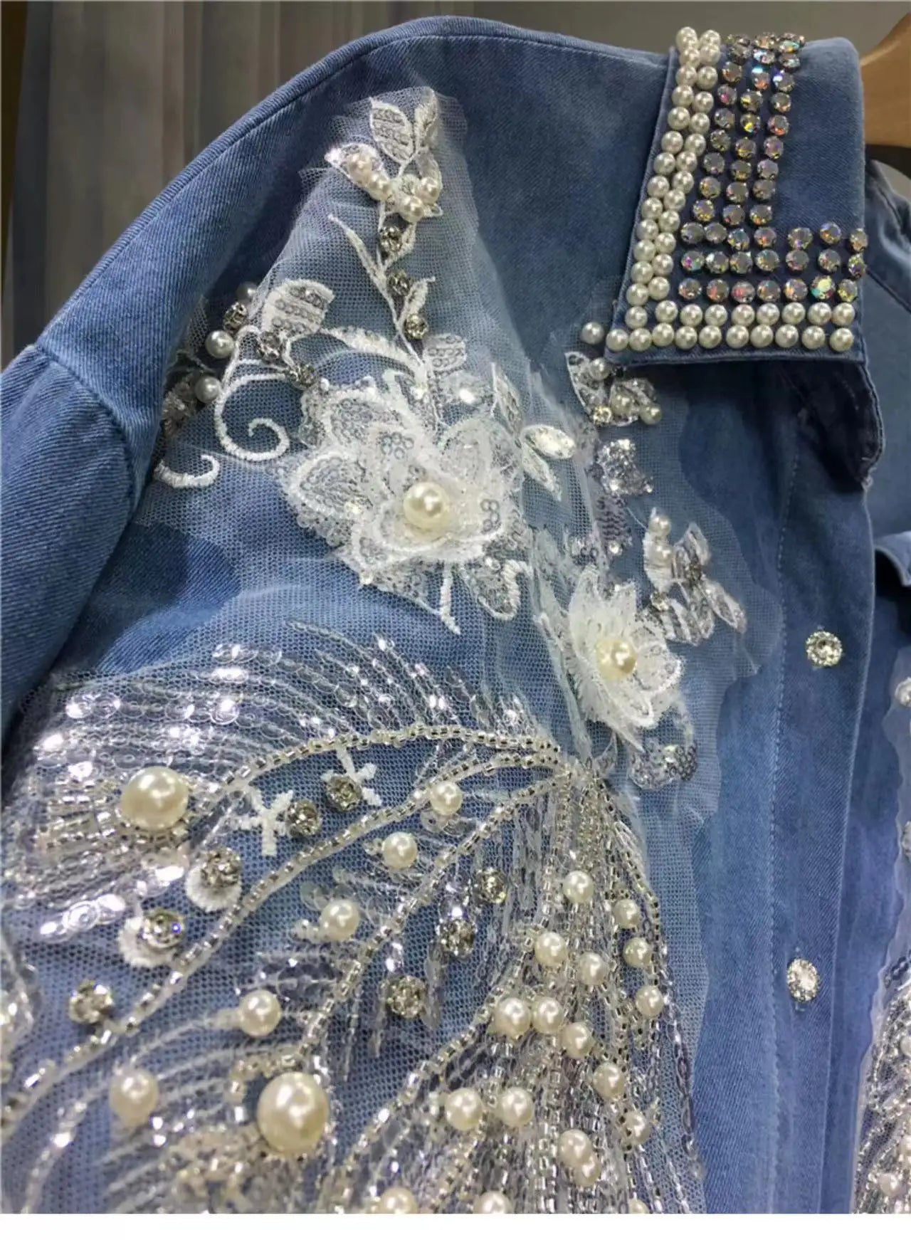 Luxury Beaded Denim Blouse, Women's Long Sleeve, Casual Top.
