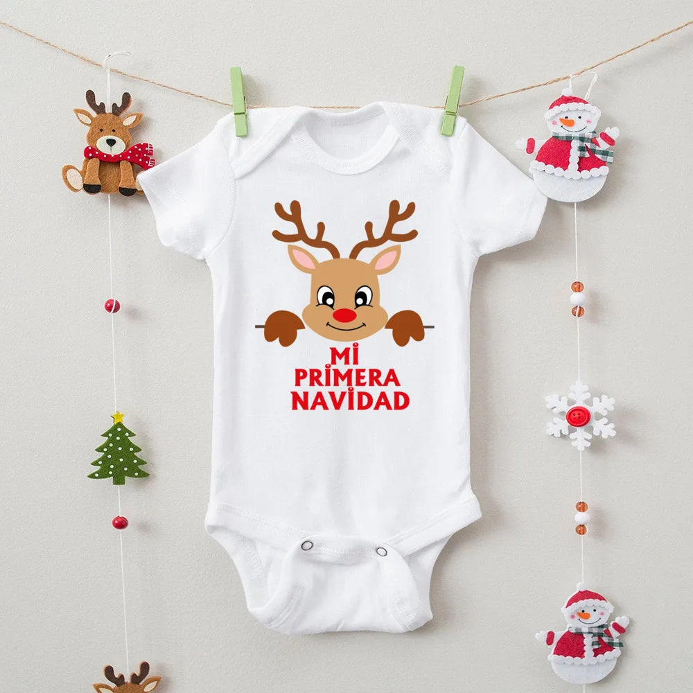 My First Christmas" Spanish Bodysuit: Newborn Short Sleeve Romper for Xmas Party