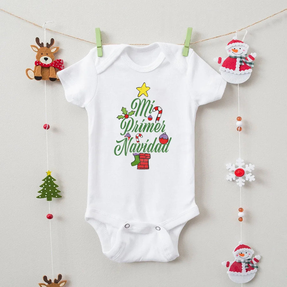 My First Christmas" Spanish Bodysuit: Newborn Short Sleeve Romper for Xmas Party