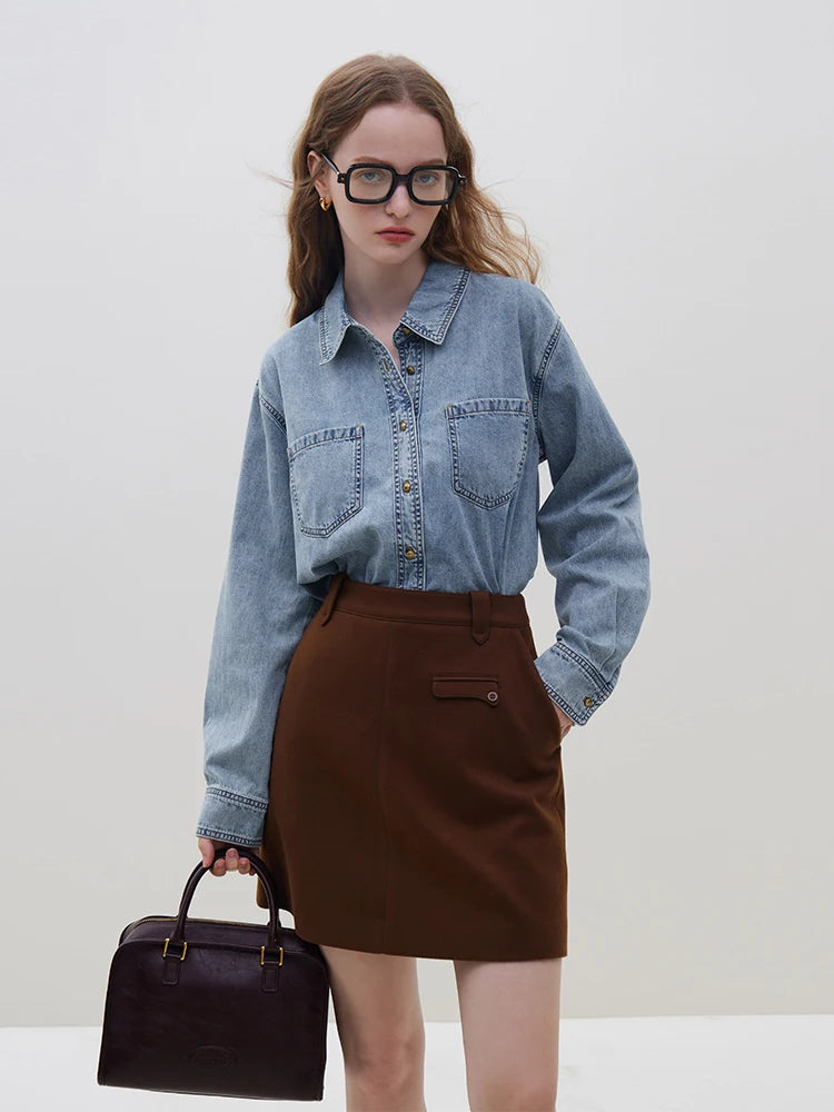 FSLE Deep Blue Denim Shirt, Women's Long Sleeve, Retro Casual Top.