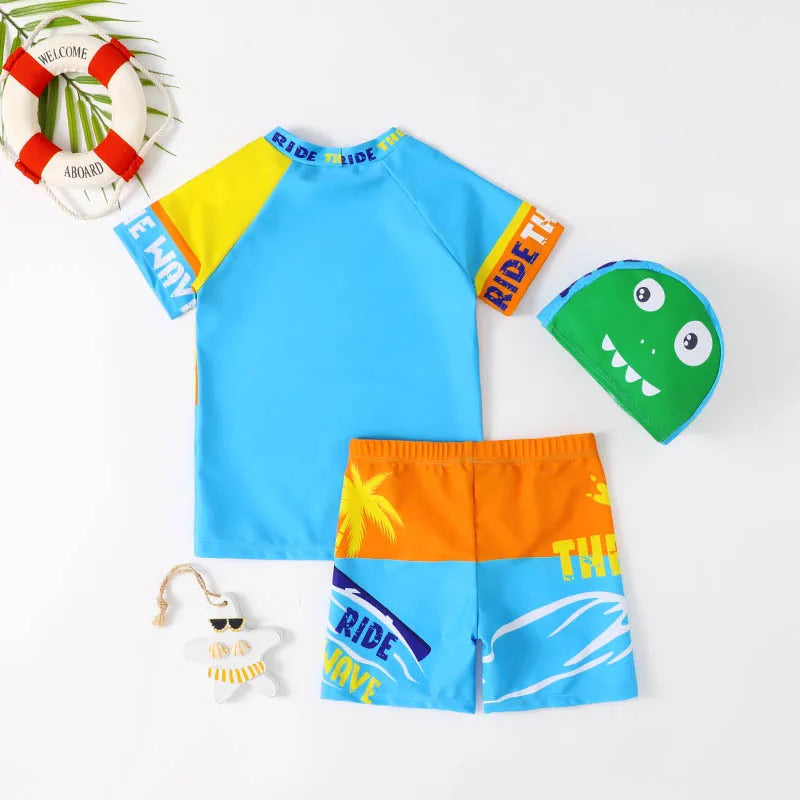 Children's 3-Piece Swim Set: Boys Split Swimsuit, Quick-Dry, Swim Cap
