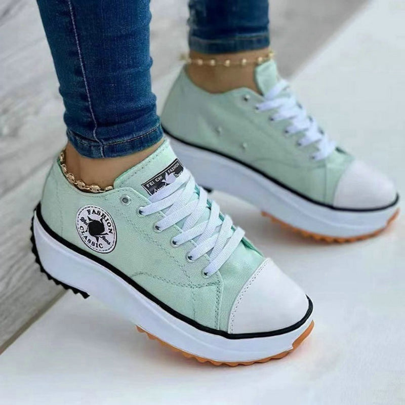 Women’s Pattern Canvas Sneakers – Casual Lace-Up Flat Shoes
