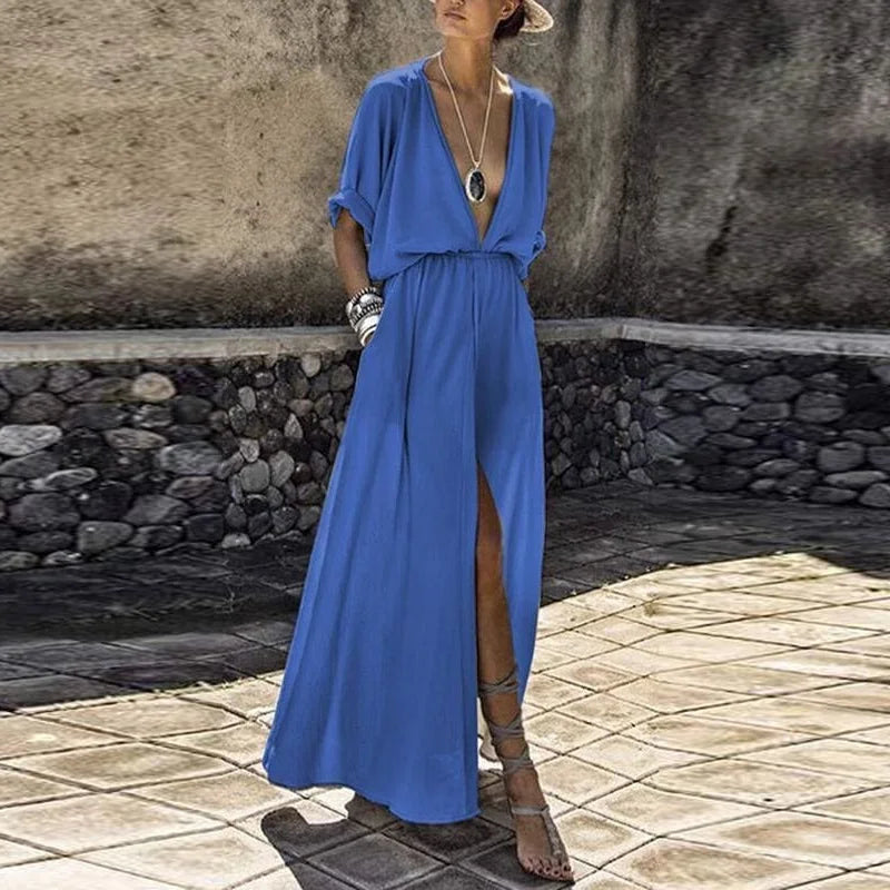 Sexy V-Neck High Slit Sundress – Casual Boho Party Maxi Dress