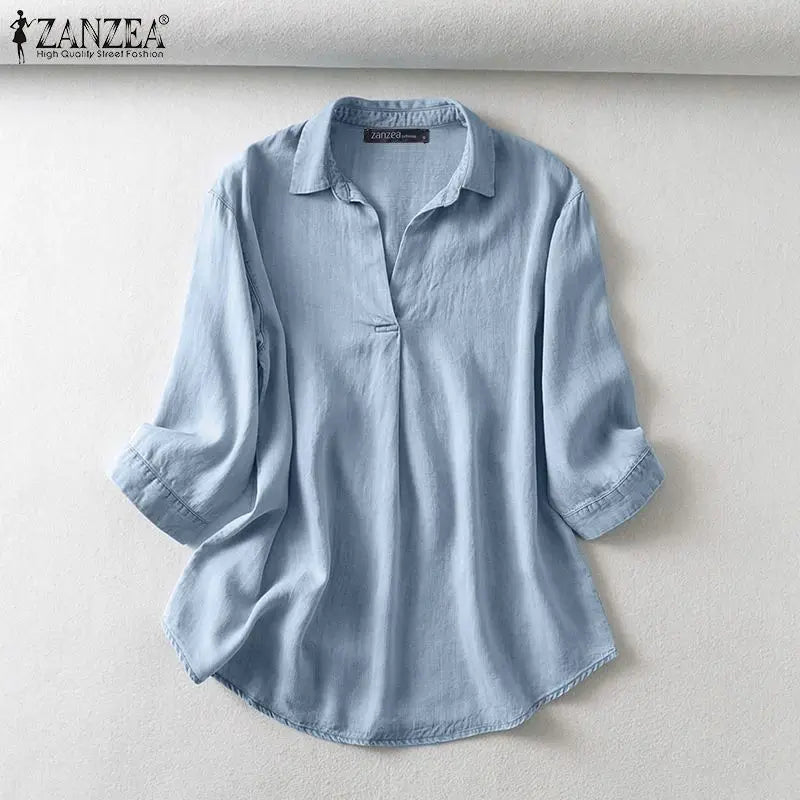 ZANZEA Women's Denim Blouse – Casual 3/4 Sleeve Tunic for Work