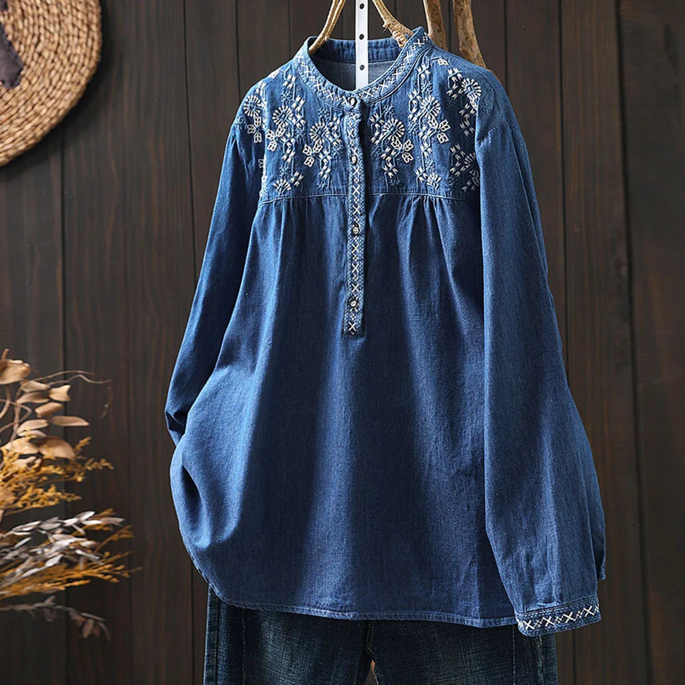 Summer Elegant Ethnic Embroidery Denim Blouse, Long Sleeve, Y2K Vintage Top.