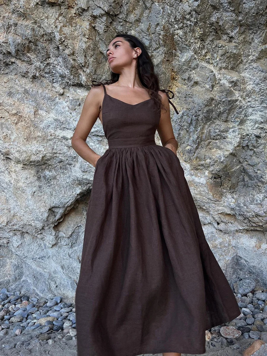 Backless Pleated Halter Dress – Summer Casual Beach Vacation