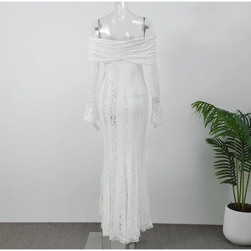 Sexy Hollow-Out Slash Neck Lace Dress – Flared Sleeves, Slim Fit Evening Party Dress