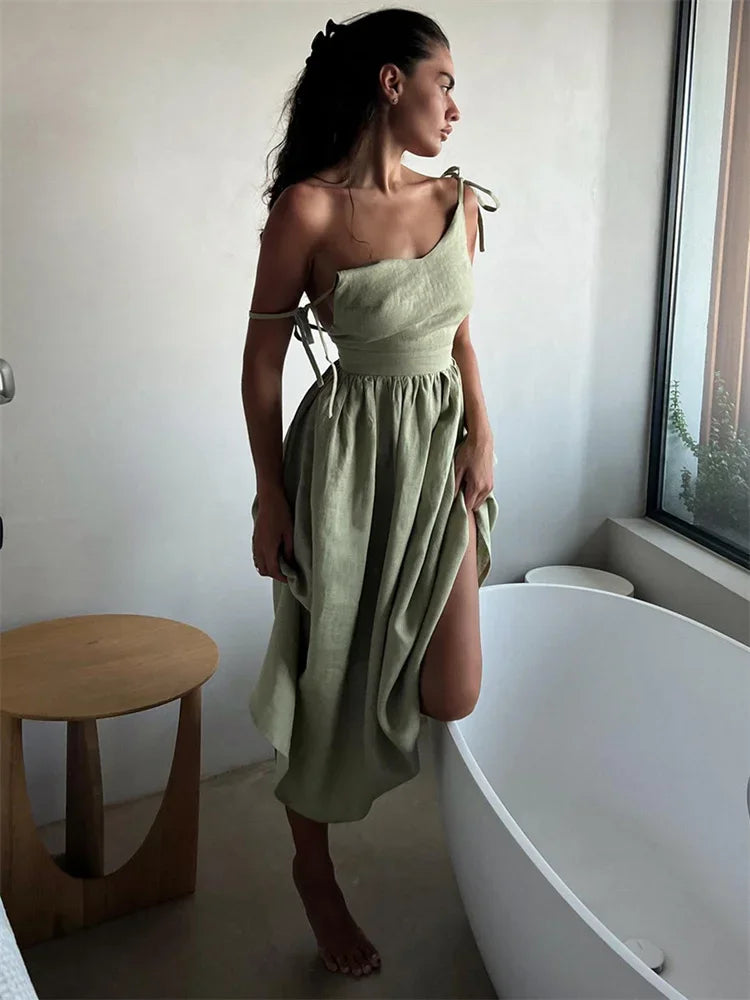 Backless Pleated Halter Dress – Summer Casual Beach Vacation