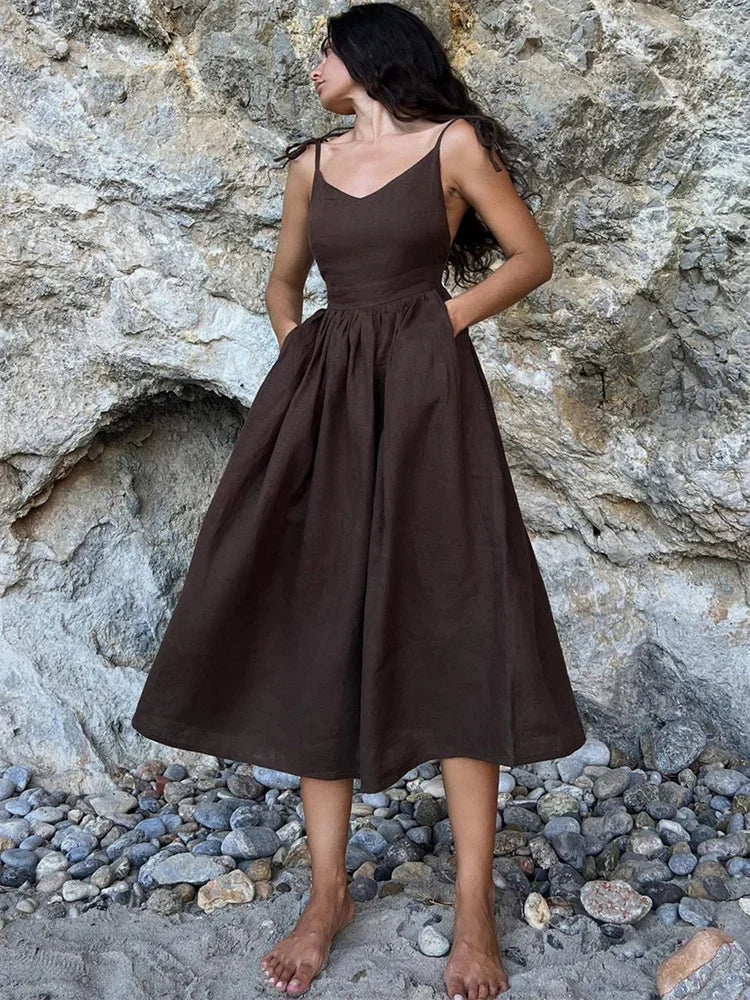 Backless Pleated Halter Dress – Summer Casual Beach Vacation