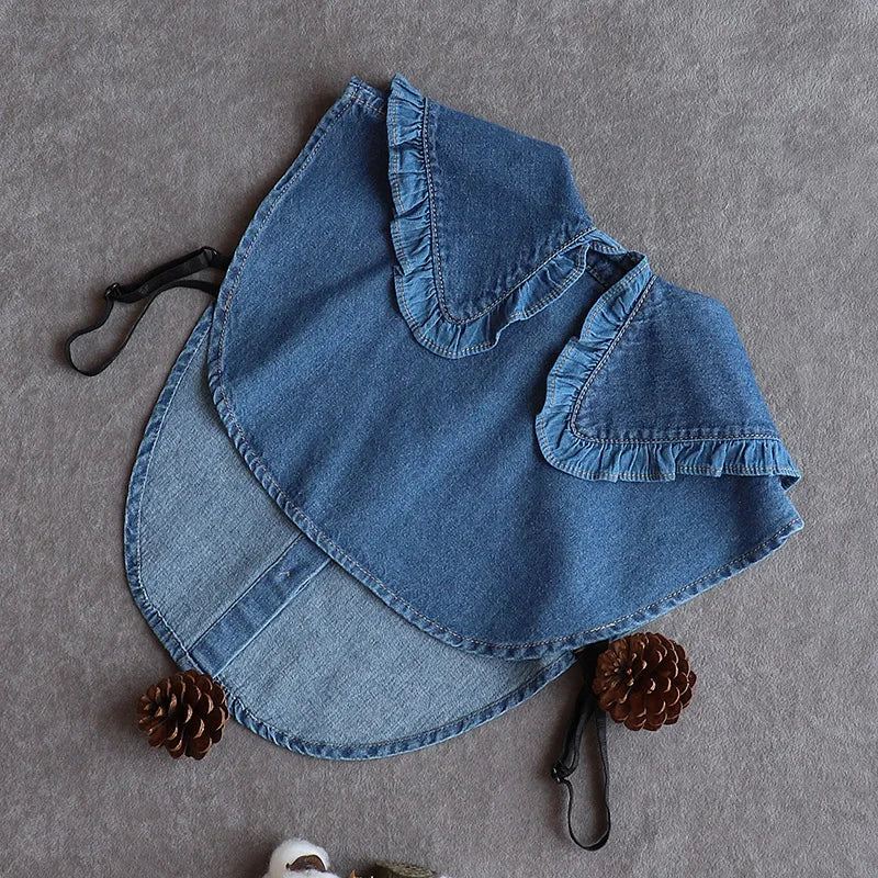 Fashion Denim Ruffle Fake Collar Shirt for Women, Detachable Lapel, Tie Half Blouse.