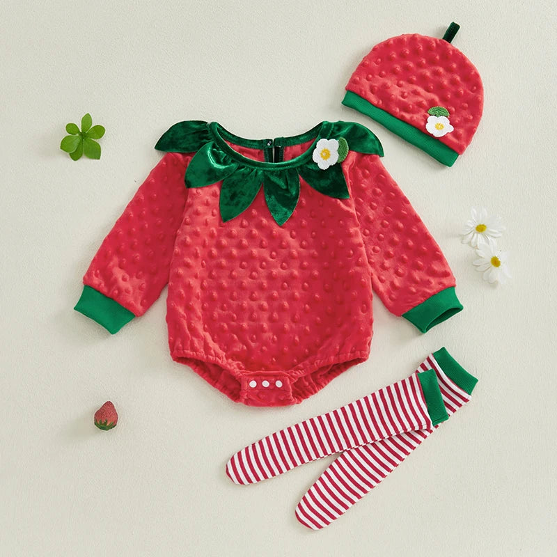 Newborn Baby Girl Strawberry Outfit: Romper, Socks & Fleece Bodysuit 3-Piece Fall Set