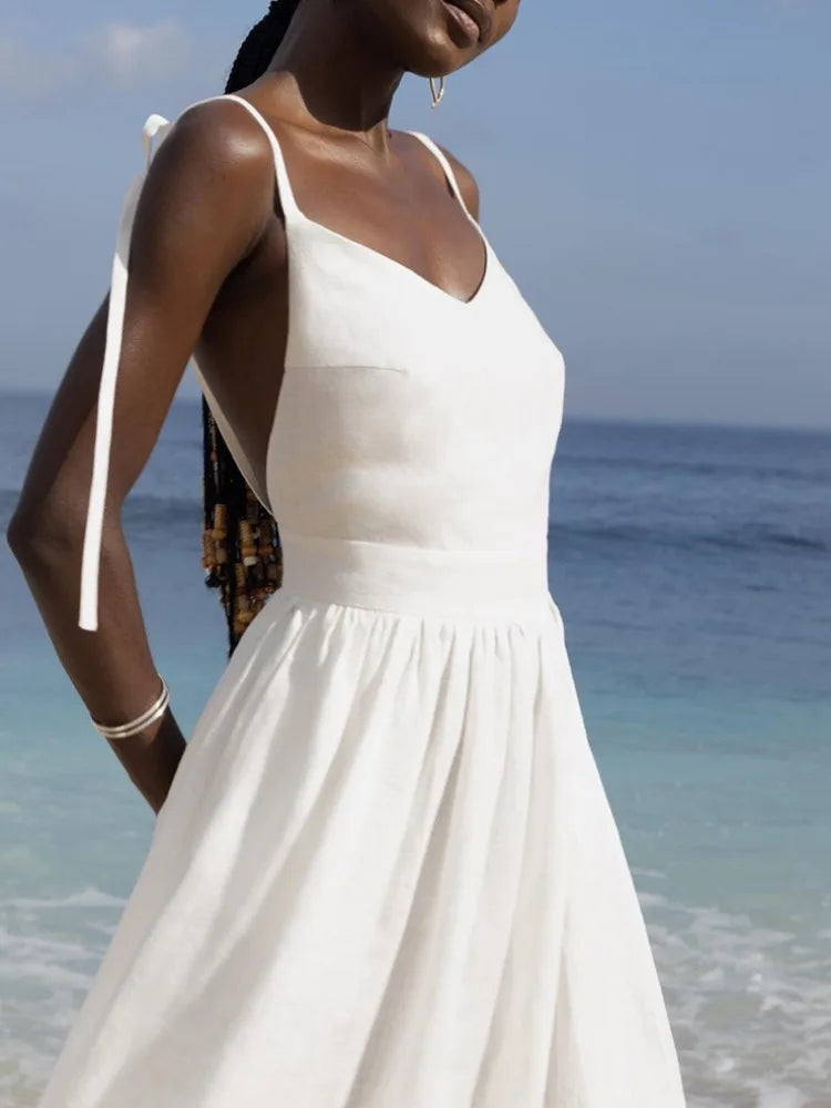 Backless Pleated Halter Dress – Summer Casual Beach Vacation