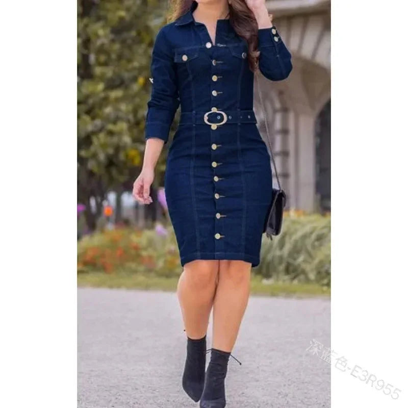 Denim Dress, Women's Lapel Slim Fit, High Waist, Long Sleeve, Single-Breasted.