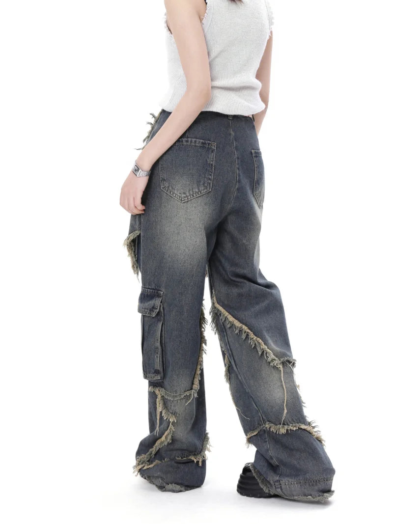 New Women’s Star Stitching Tassel Y2K Wide-Leg Pants – Retro Punk Streetwear.