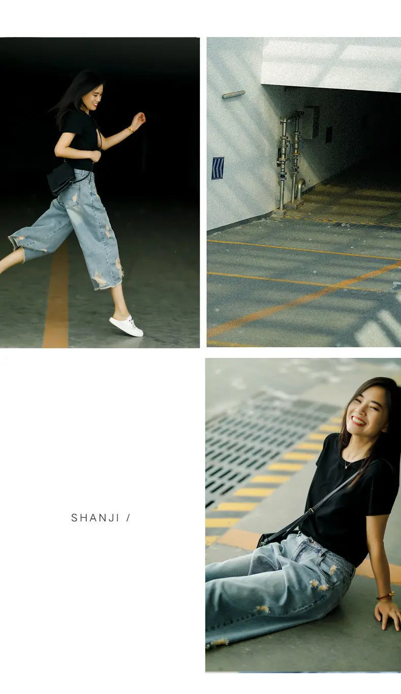 Capri Ripped Jeans for Women – High-Waist, Baggy, Wide-Leg Denim, Summer Streetwear.