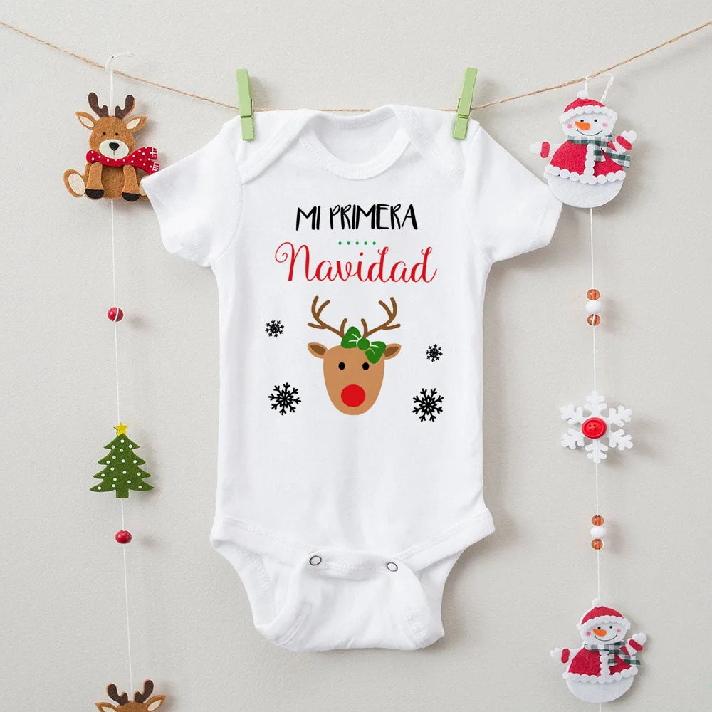 My First Christmas" Spanish Bodysuit: Newborn Short Sleeve Romper for Xmas Party